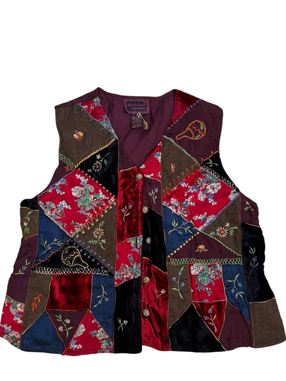 Vtg April Cornell Trading Velvet Embroidered Patchwork Vest Women Medium Boho